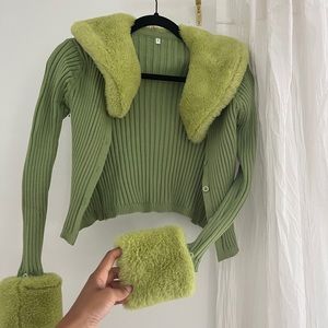 Green fuzzy trim cardigan, similar/dupe to house of sunny Peggy